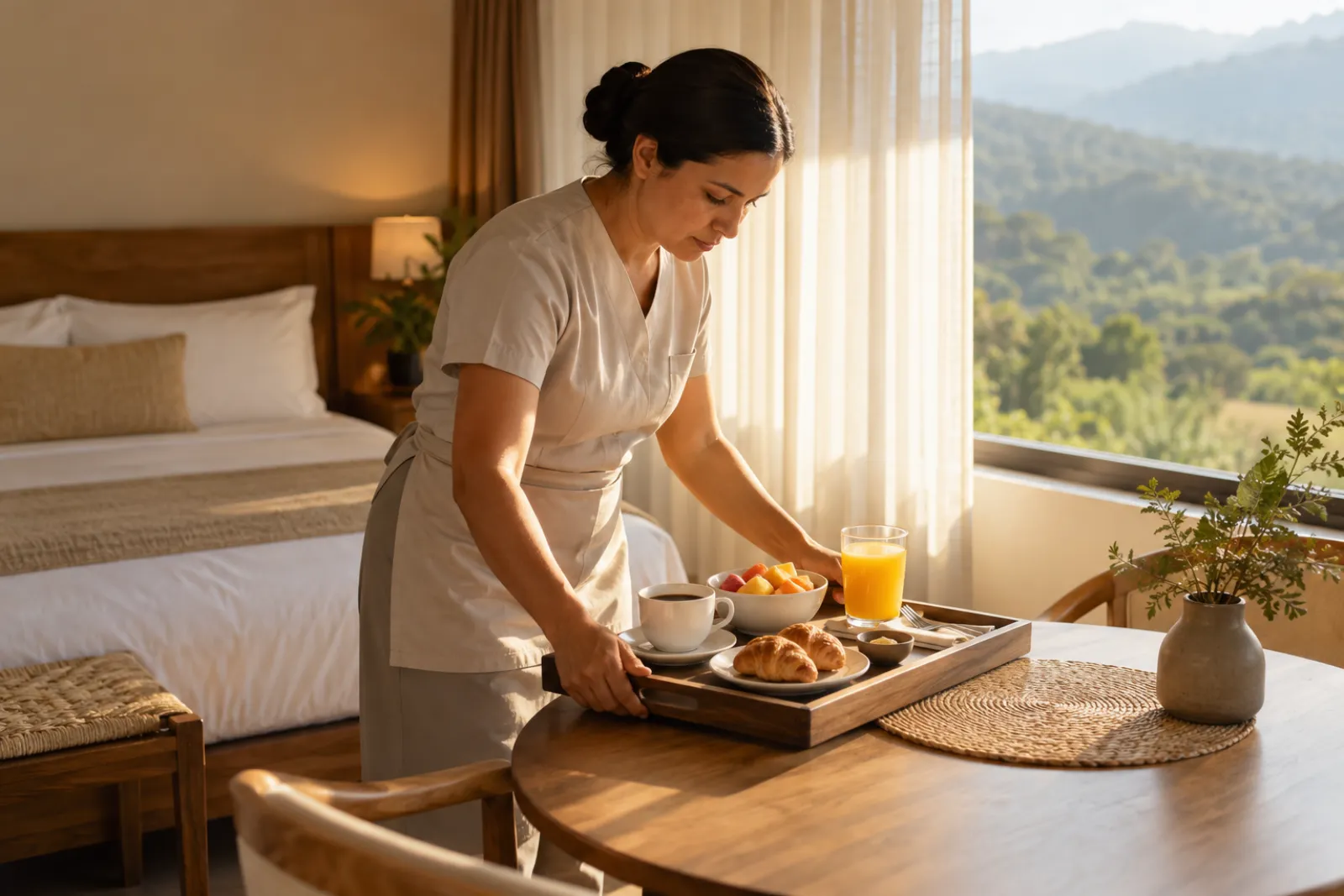 Habitación de hotel con cama ordenada y bandeja de café