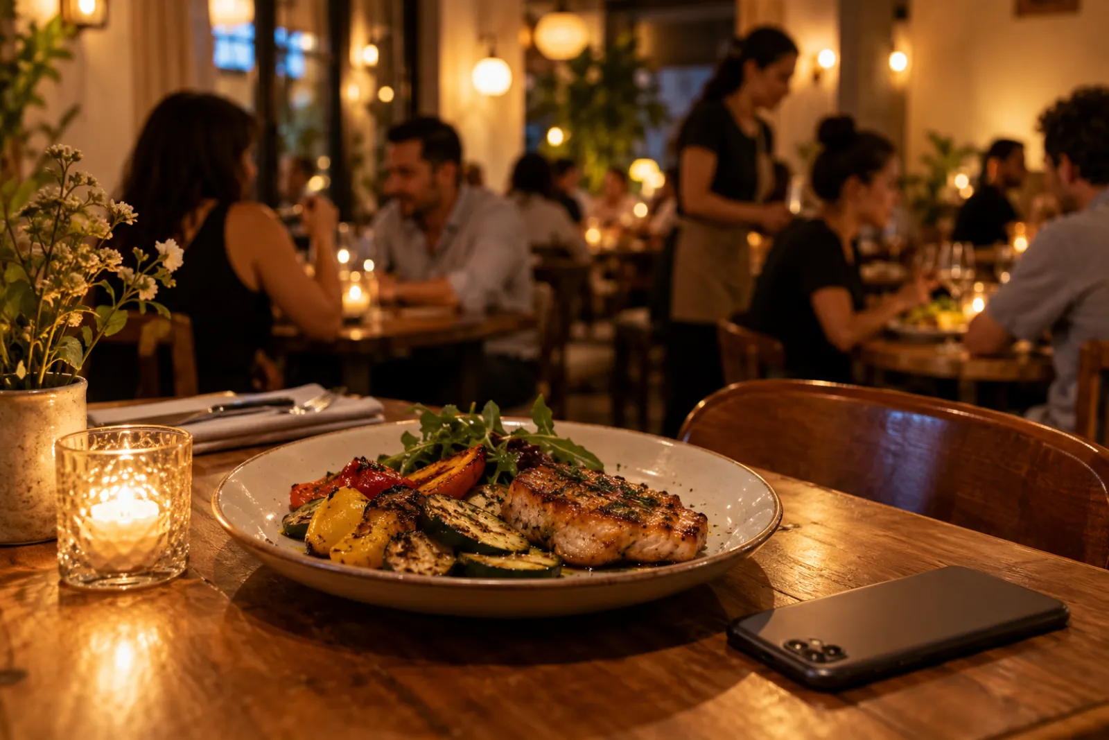 Restaurante con mesas servidas y luz de tarde